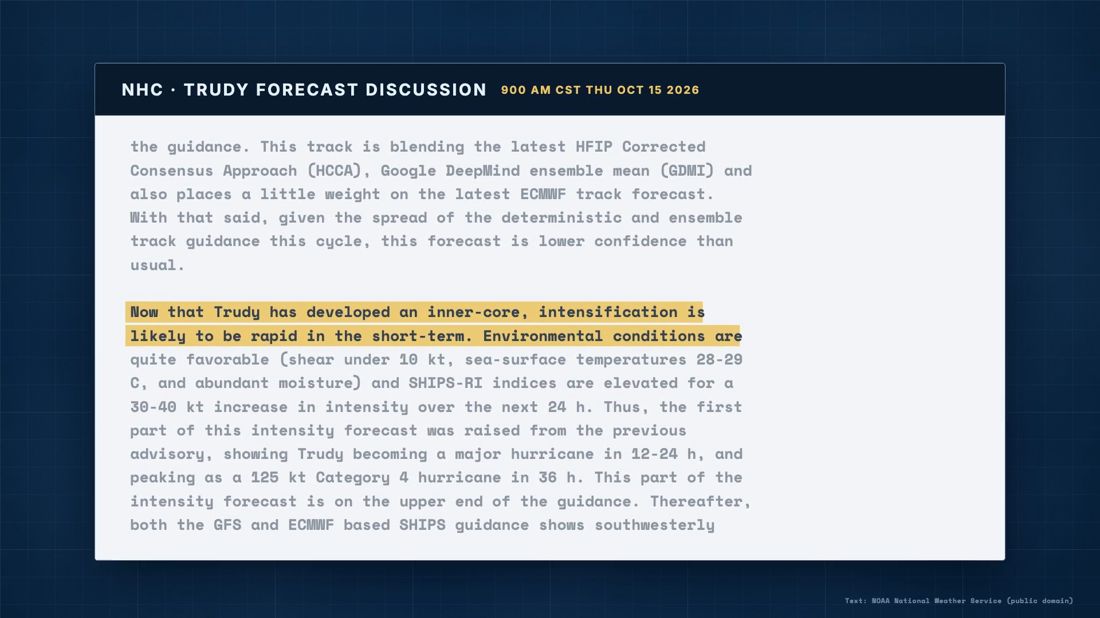 Hurricane Center forecast discussion with one sentence highlighted